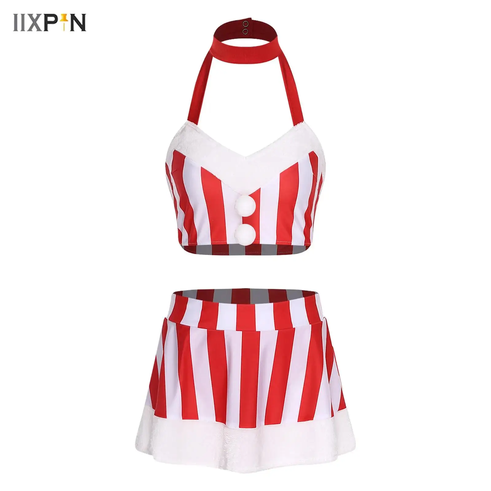 

Womens Christmas Mrs Santa Outfit Halter Backless Striped Crop Top+Miniskirt Set for Raves Nightclub Masquerade Party Cosplay