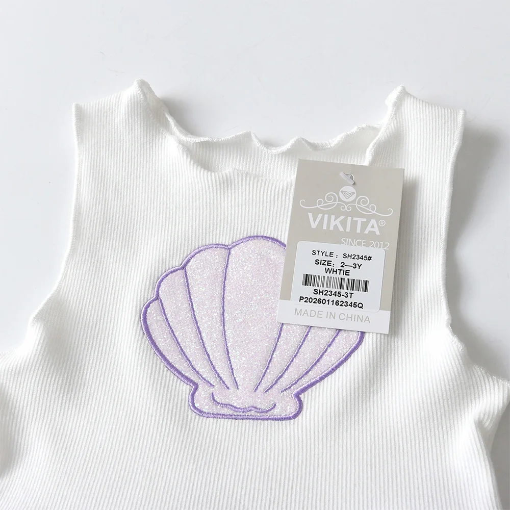 VIKITA Kinder-Kleid in Lila mit Muschel-Stickerei, gestrickt, für Mädchen, Sommer, ärmellos, unregelmäßig, für Party, Tanz, elegantes Tutu-Kuchenkleid – Detail 3