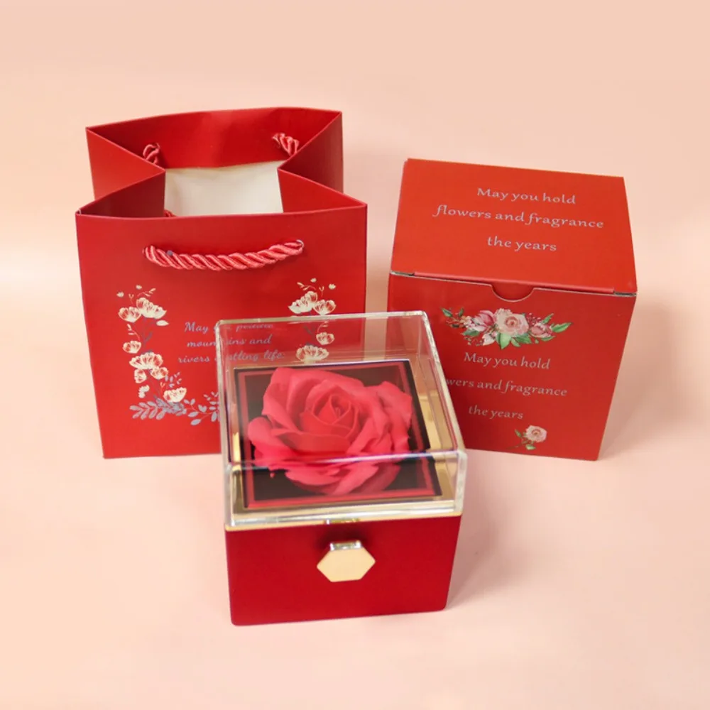 

Eternal Rose Rotating Jewelry Box Transparent Lid With Gift Bag Ring Box Acrylic Soap Flower Rose Gift Box Valentines Day