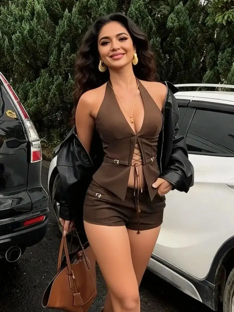 Nibber Patchwork Fashion Halter Shirring 2 Piece Set Women Metal Buckle Sleeveless Vest+Bike Short Y2K Hipster Sexy Clubwear