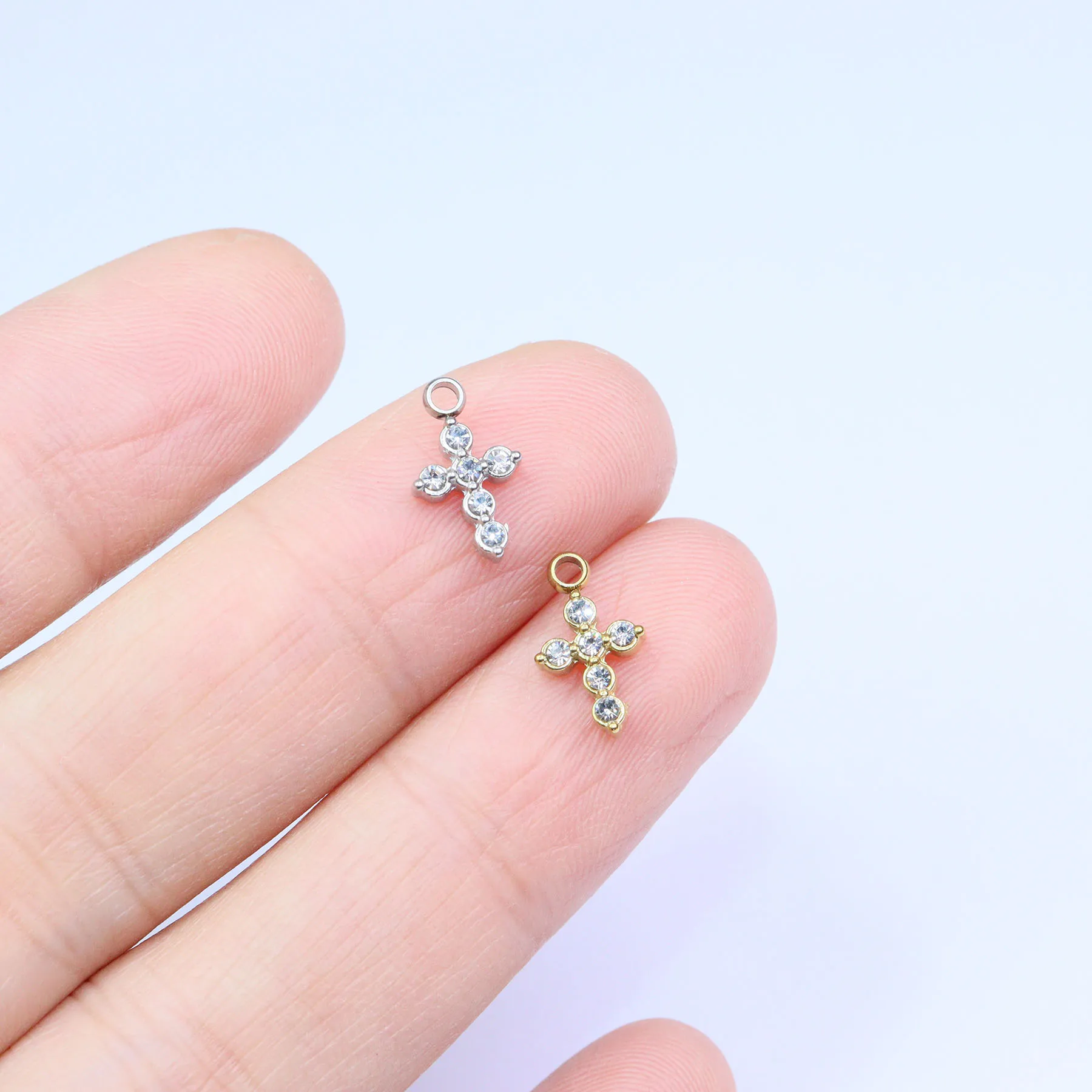 5pcs Wholesale Stainless Steel Rhinestone Mini Cross Charms Pendant Girl DIY Necklace Earrings Bracelets Vacuum Plate Unfading