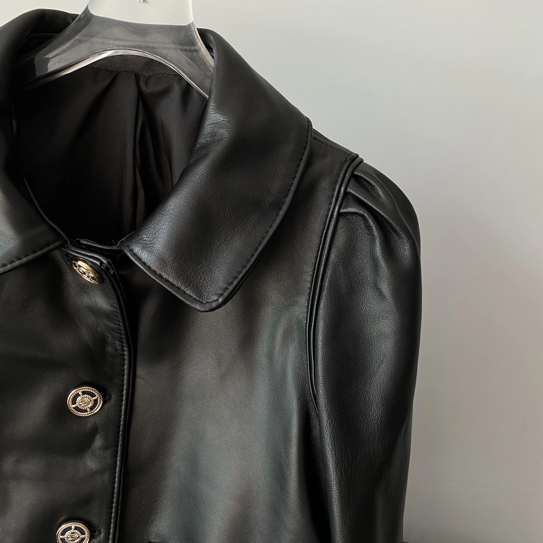 معطف Bla eepskin Jaet ذو ياقة دمية من الجلد الطبيعي للنساء لربيع وخريف معطف أنيق للتنقل بطول ort