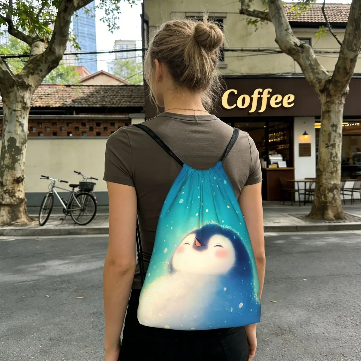 

Cute Penguin Baby In The Snow Backpacks Fashion Drawstring Bags Sundries Bag Book Bags for Travel School