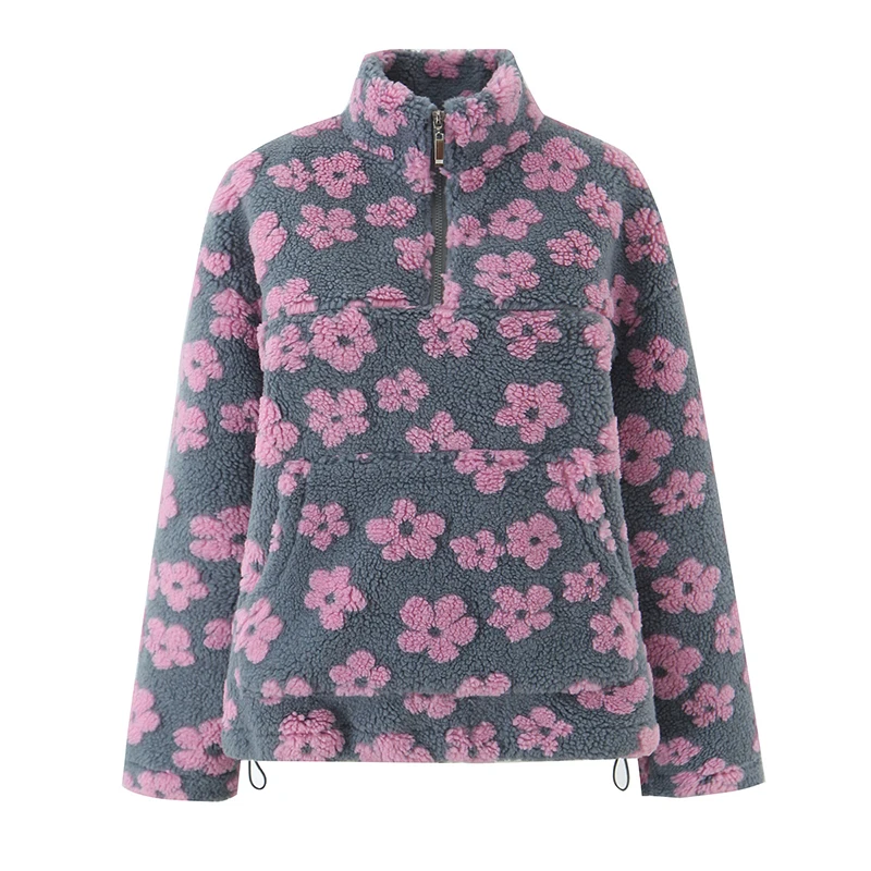 YENKYE Lambswool Floral Sweatshirt For Women High Neck Long Sleeve Autumn Winter Warm Coat Loose Pullover Tops