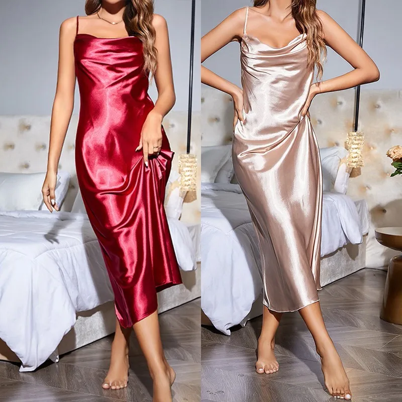 New Nightgown Women Dressing Gown Intimate Lingerie Summer Chemise Sleepwear Satin Long Robe Loungewear Strap Nightdress