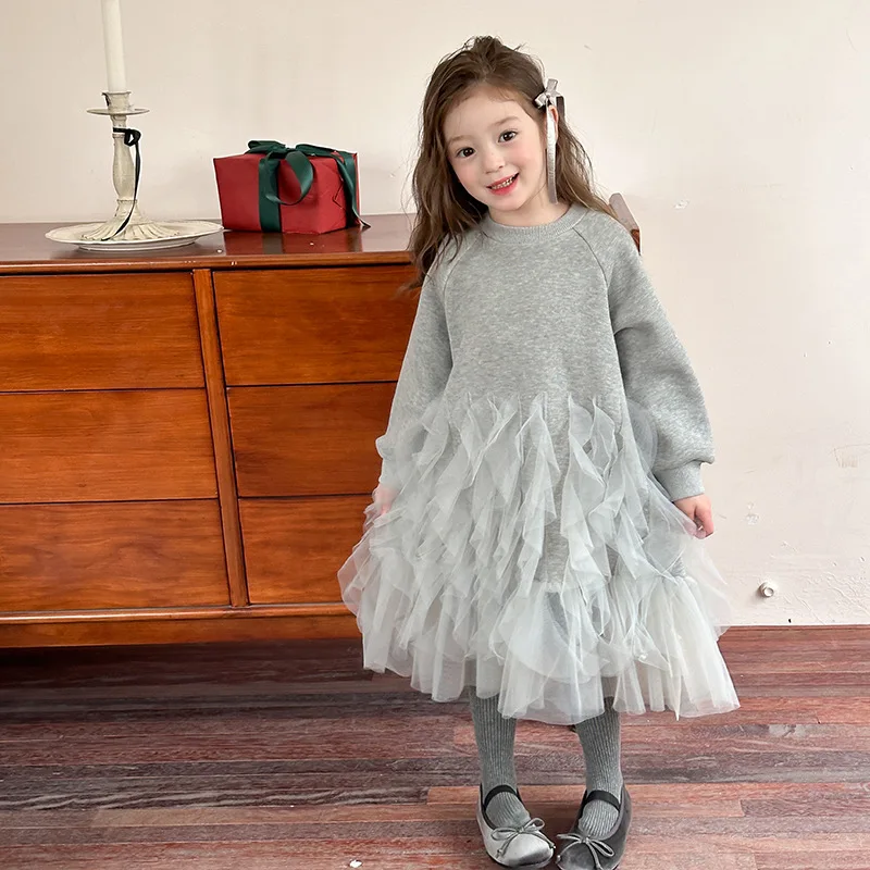 

Kids Clothes Girls Winter Dresses Girls' Winter Thick and Warm Fashionable Ethereal Puffy Net Fabric Pullover Dresses