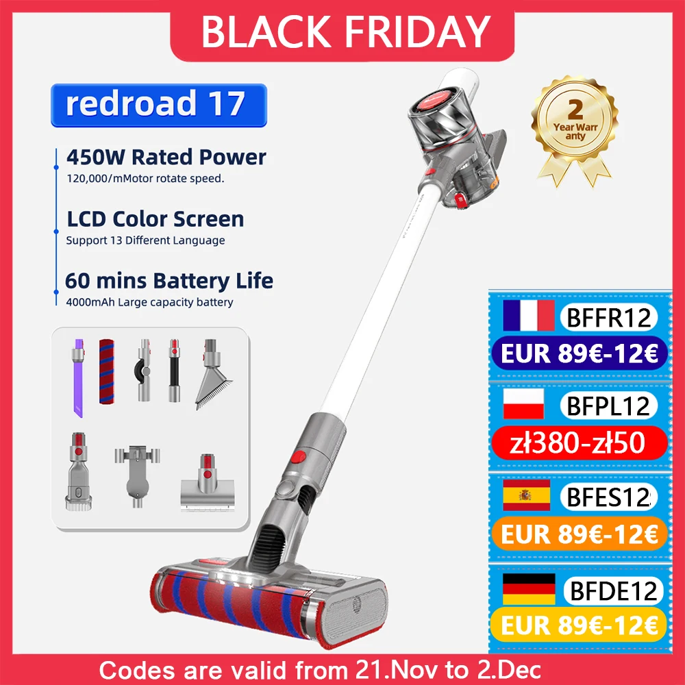 REDROAD 17 Cordless Vacuum Cleaner Handheld Vacuum Cleaner 450W 26.5kPa Stick Vacuum Cleaner 5 in 1 Double Wireless Sweeper