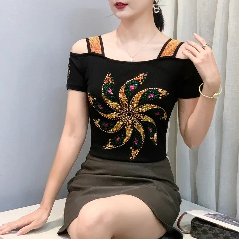 New Summer European Clothes Women's T-Shirts Luxury Butterfly Hot Diamonds Tees Sexy Streetwear Off Shoulder Tops Shirt