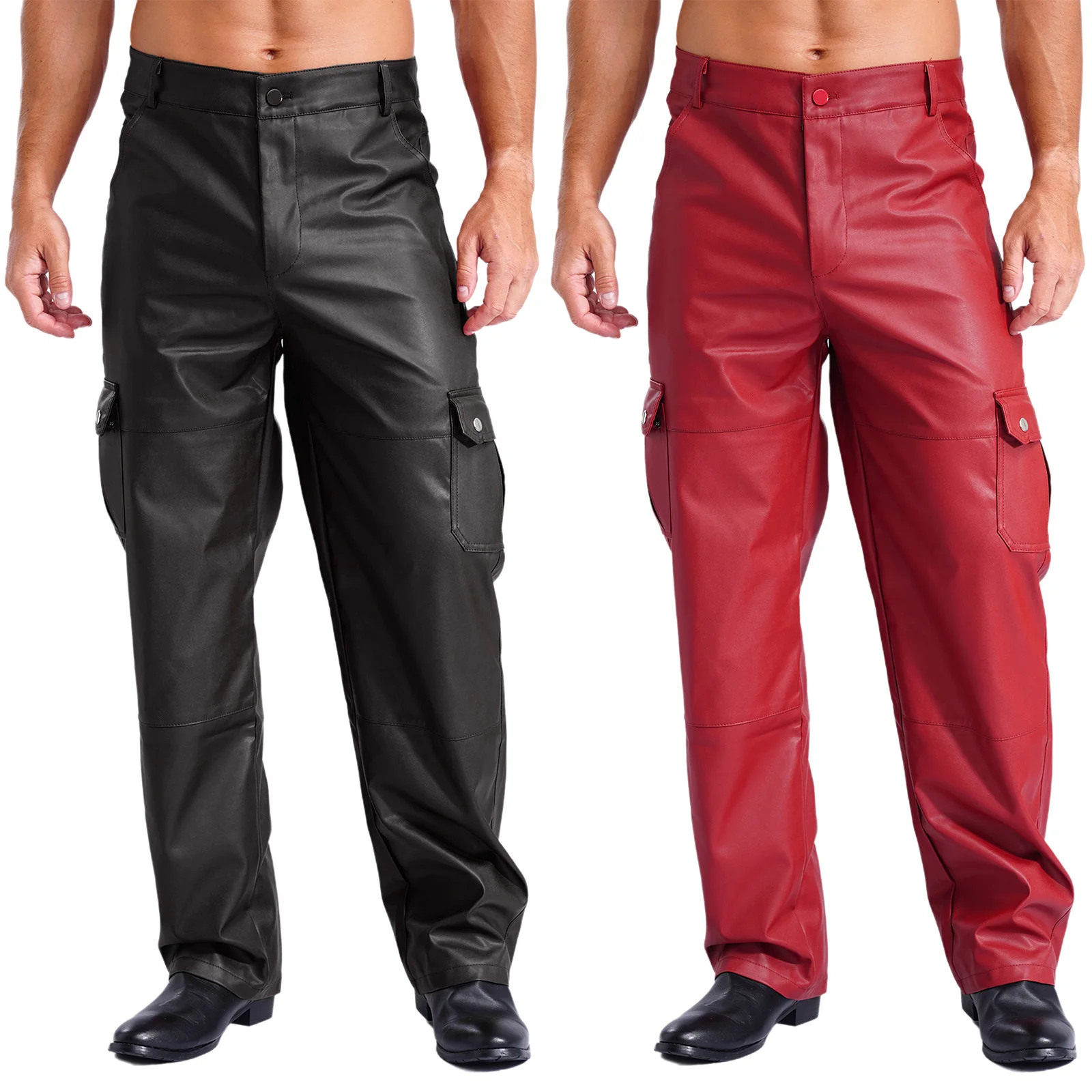 Mens PU Leather Pants Multiple Pockets Trousers Night Club Cargo Pants Motorcycle Biker Pants for Music Party Clubwear Costumes