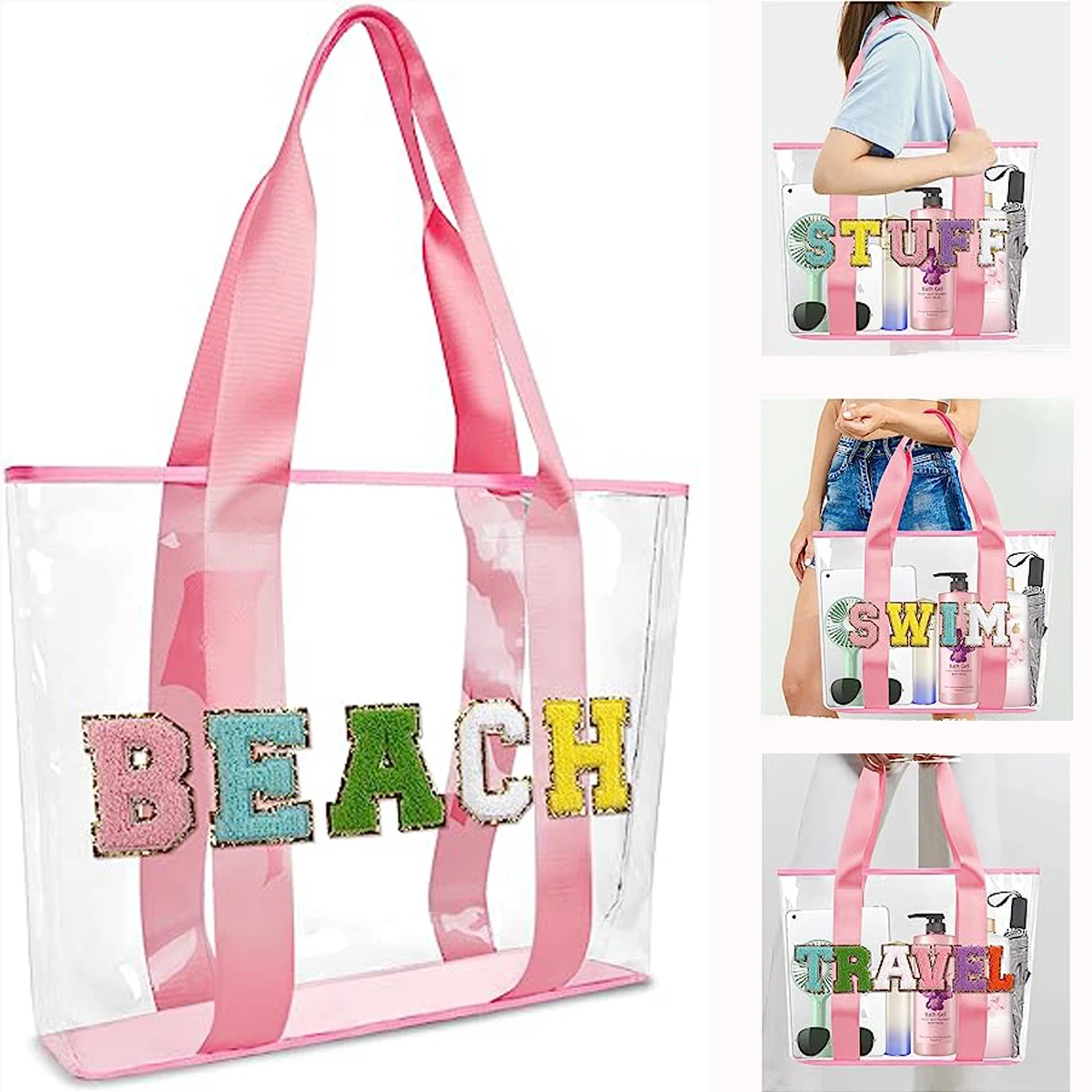 Women Pink Cute Girls Travel Chenille Letter Clear PVC Transparent Beach Patches Stuff Tote Bag with Handles for Swim