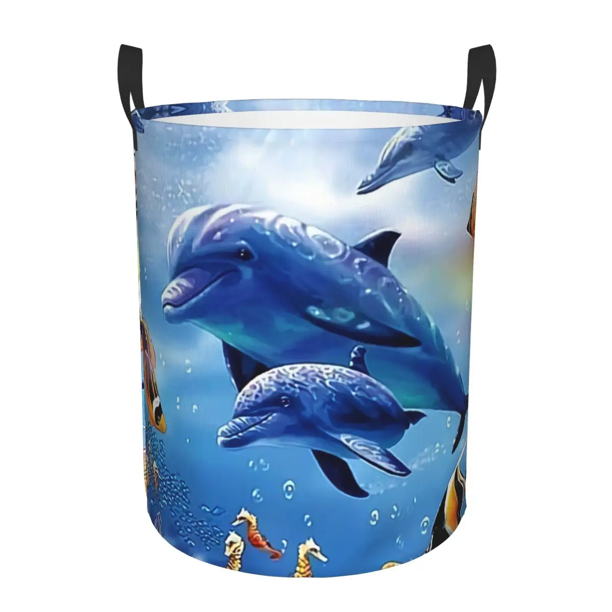 Sea Creature Dolphin Fish Laundry Basket Foldable Ocean Animal Clothes Hamper for Nursery Kids Toys Storage Bag