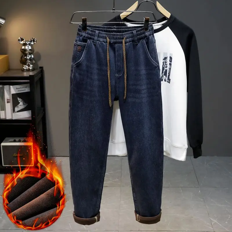 جينز عالي الجودة مبطن بالصوف للرجال لخريف وشتاء دافئ قابل للتمدد من قماش الدنيم أميري جينز ناعم مريح ملابس يومية