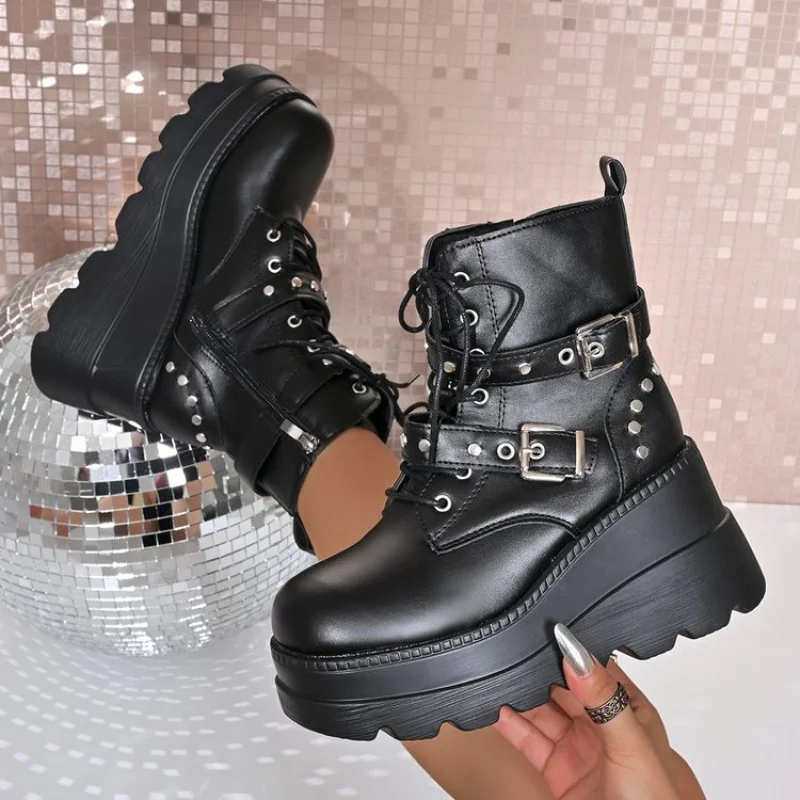 

Women Pu Leather Ankle Booties New Woman Autumn Winter Round Toe Lace Up Shoes Woman Motorcycle Platform Cool Boots Cosplay