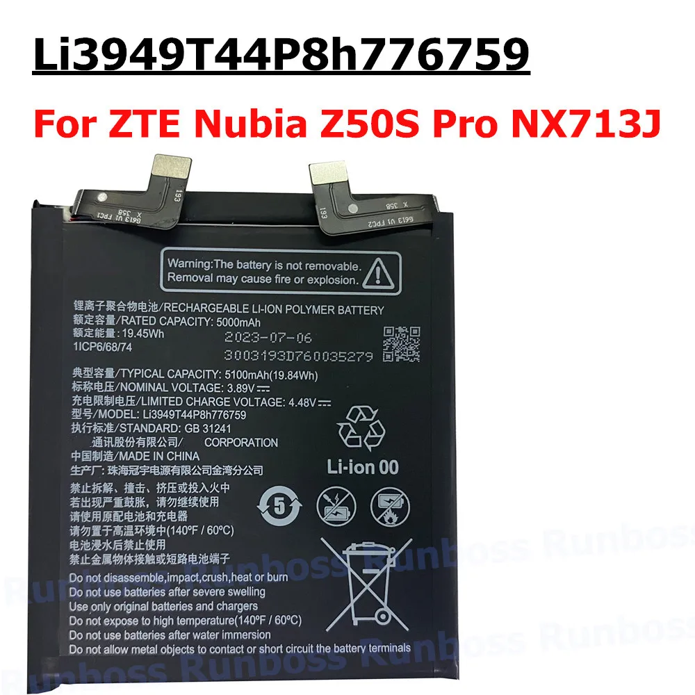 New Original Li3949T44P8h776759 5100mAh Battery for ZTE Nubia Z50S Pro NX713J Mobile Phone 1ICP6/68/74