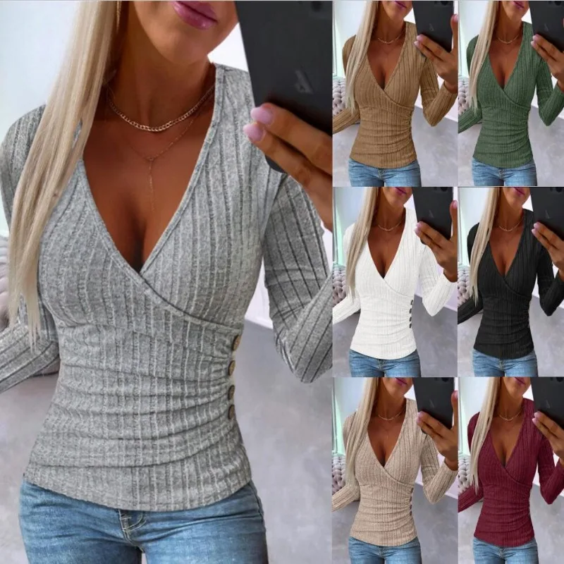 Womens V Neck Wrap Knit Top Ribbed Button Decor Slim Fit Long Sleeve Casual T Shirt