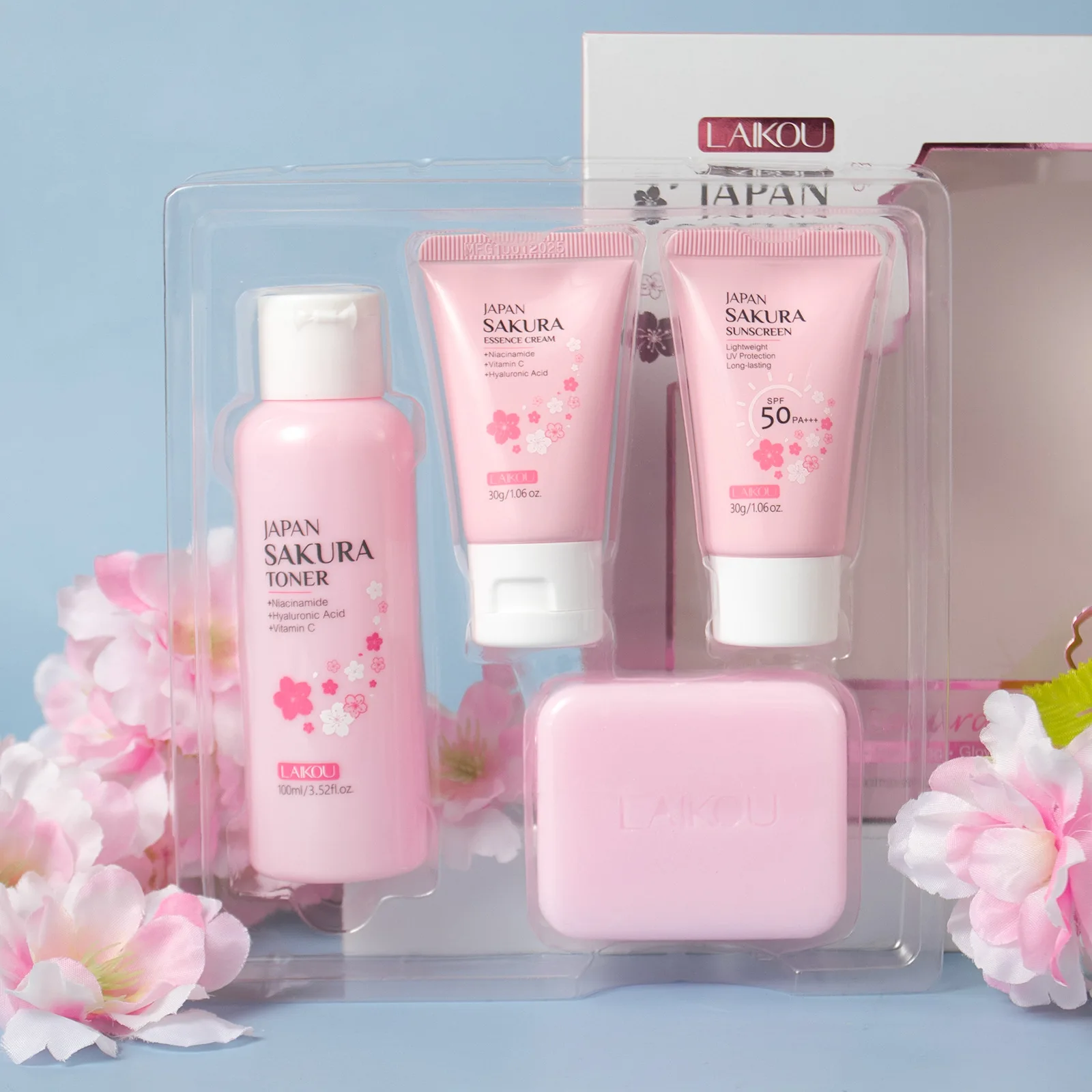 LAIKOU Sakura 4Pcs Skincare Set Brightening Face Care Kit with Soap Toner Cream Sunscreen, Complete Daily Routine