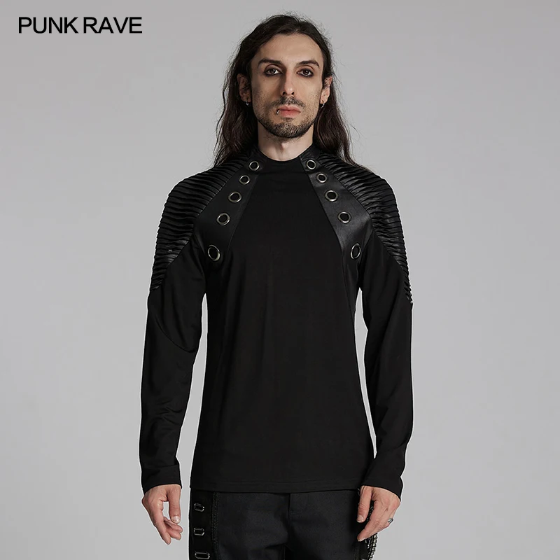 PUNK RAVE Men's Punk Power Sense Shoulder 3D Pleating Personalized Rivets Long T-shirt Male Tees Tops Streetwear