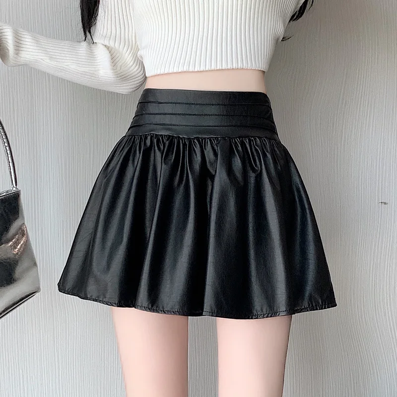 

Black Fashion High Wasit A-line Mini Skater Skirt Women New Autumn Winter PU Leather Skirts Sweet Woman Cute Casual Short Skirts