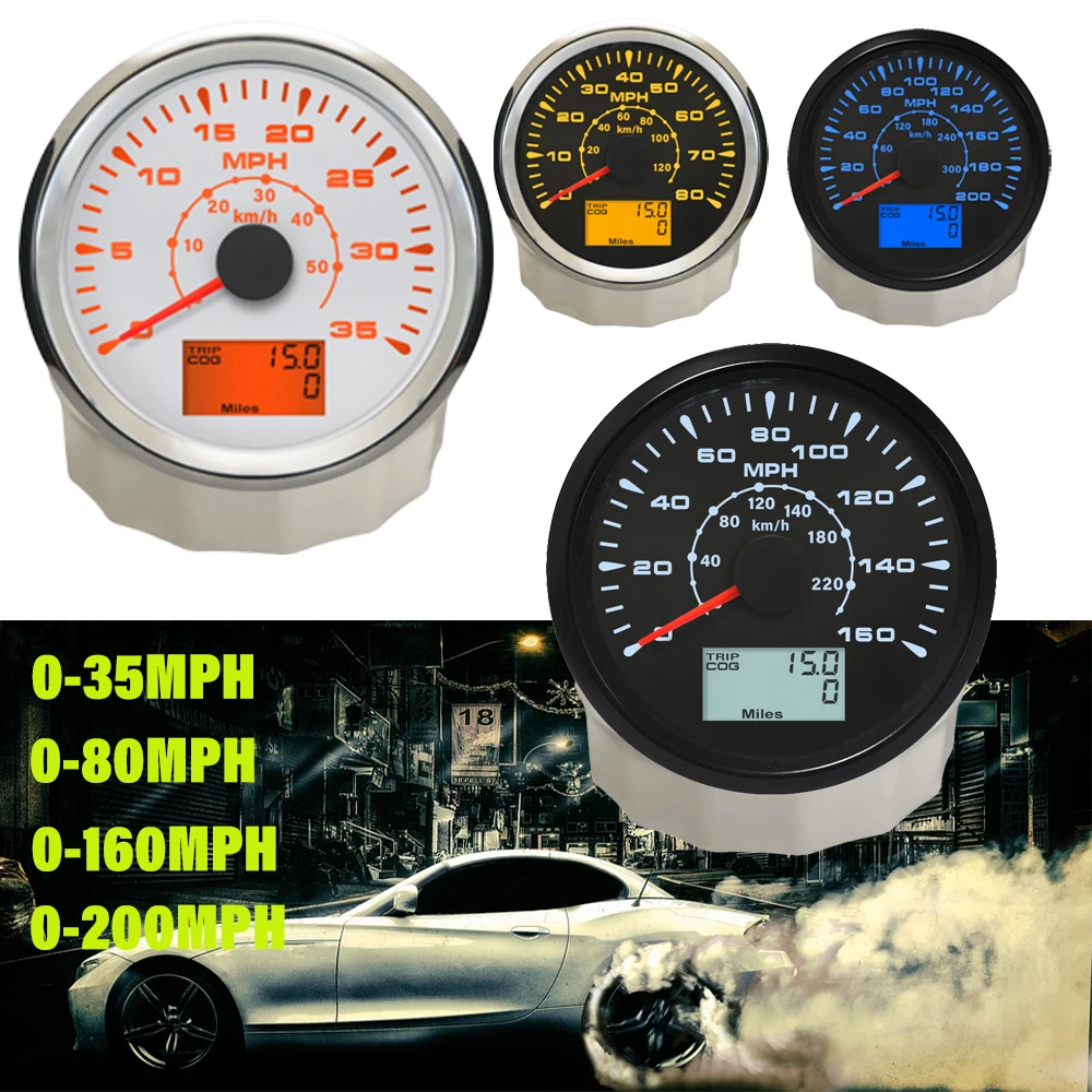 RHAXEL GPS Speedometer Odometer 35 80 160 200 MPH with 8 Different Backlight 85mm (3 3/8'') 12V 24V for Auto Car Boat