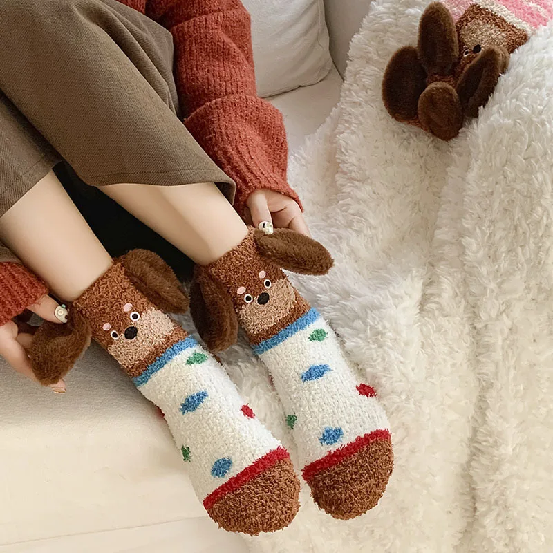 

2026 Fall/Winter Cute Girl Corgi Doll Fuzzy Coral Thicken Warm Sleep Socks Mid-Calf Home Floor Socks
