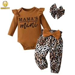 Fashion Newborn Baby Girl Clothes Set Letters Printed Knit Long Sleeve Romper Top + infant Pants + Headband Spring Autumn Outfit