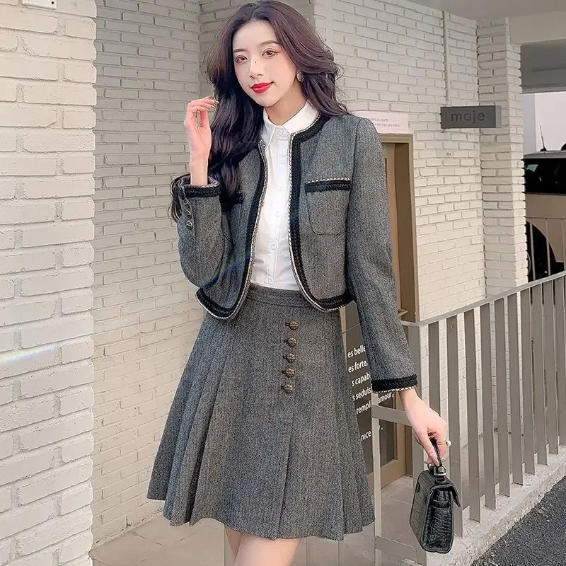 

Insozkdg 2024 New French Tweed Style Suit Skirt Two-piece Set Long Sleeve Coat Pleated Skirt Mature Professional Fashion Trendy