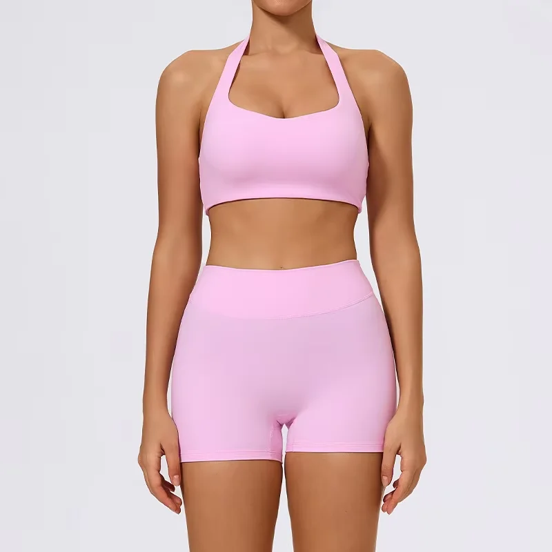 

Women's Brushed Fabric Workout Outfit Tummy Control Shorts Shockproof Bra for Breathable Lightweight Front Solid