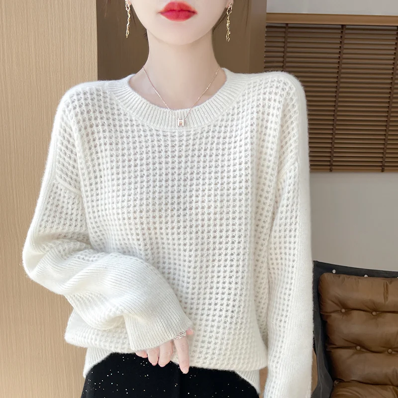 Autumn Winter New Cashmere Sweater Women's Round Neck Pullover Long Sleeved 100% Pure Wool Loose Hollow Lazy Style Knitted Top