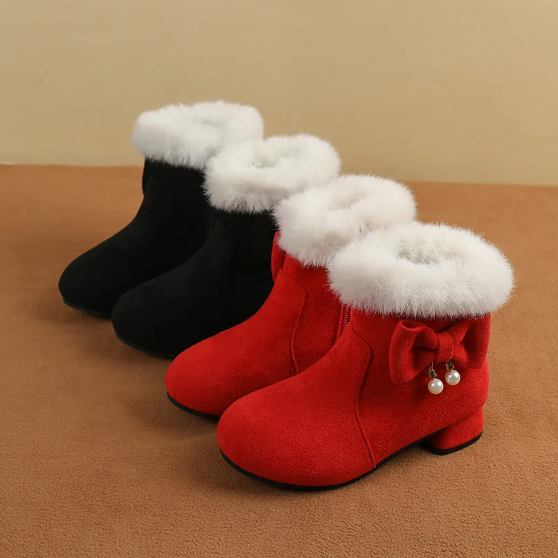 Winter Children Snow Boots Sweet Bowknot Girls Fashion Princess Plush Boots with Heels Soft Furry Hairy Kids Catwalk Ankle Boots