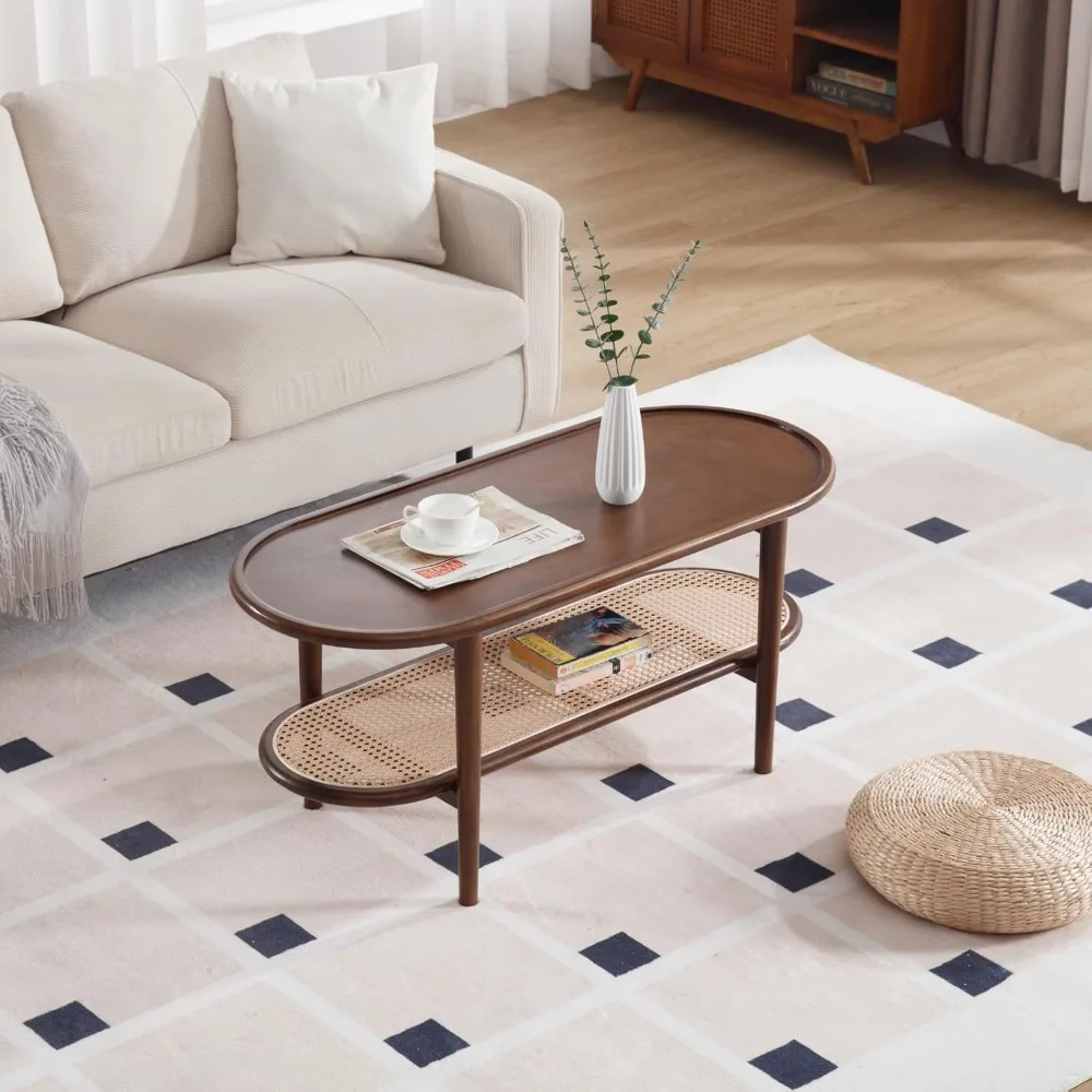 39.5 Oval Walnut Wood Coffee Table with Storage Shelf for Living Room, 2-Tier Center Table Entryway，Rattan Coffee Table