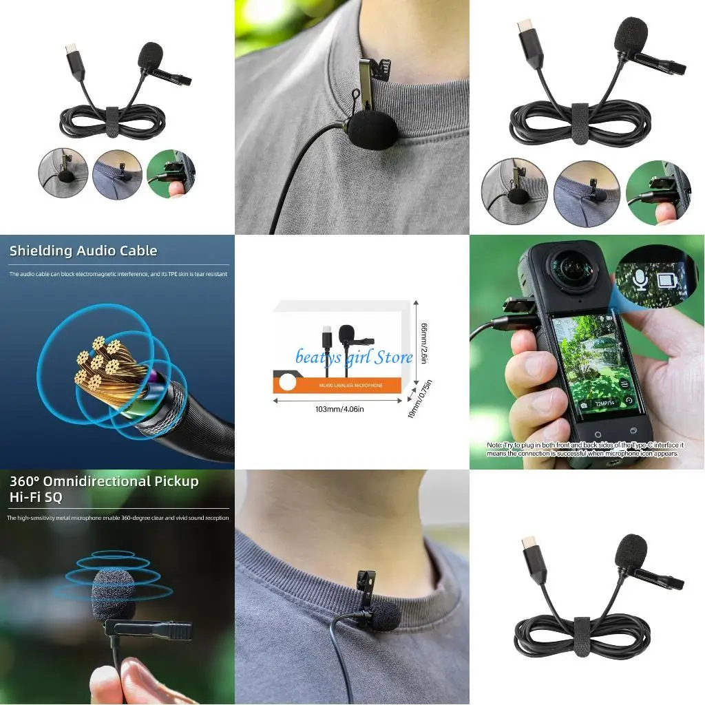 

C7AB Professional Lavalier Clip On Microphone Mic for 360 Phone Noise Cancelling Microphone with Easy Clip On System