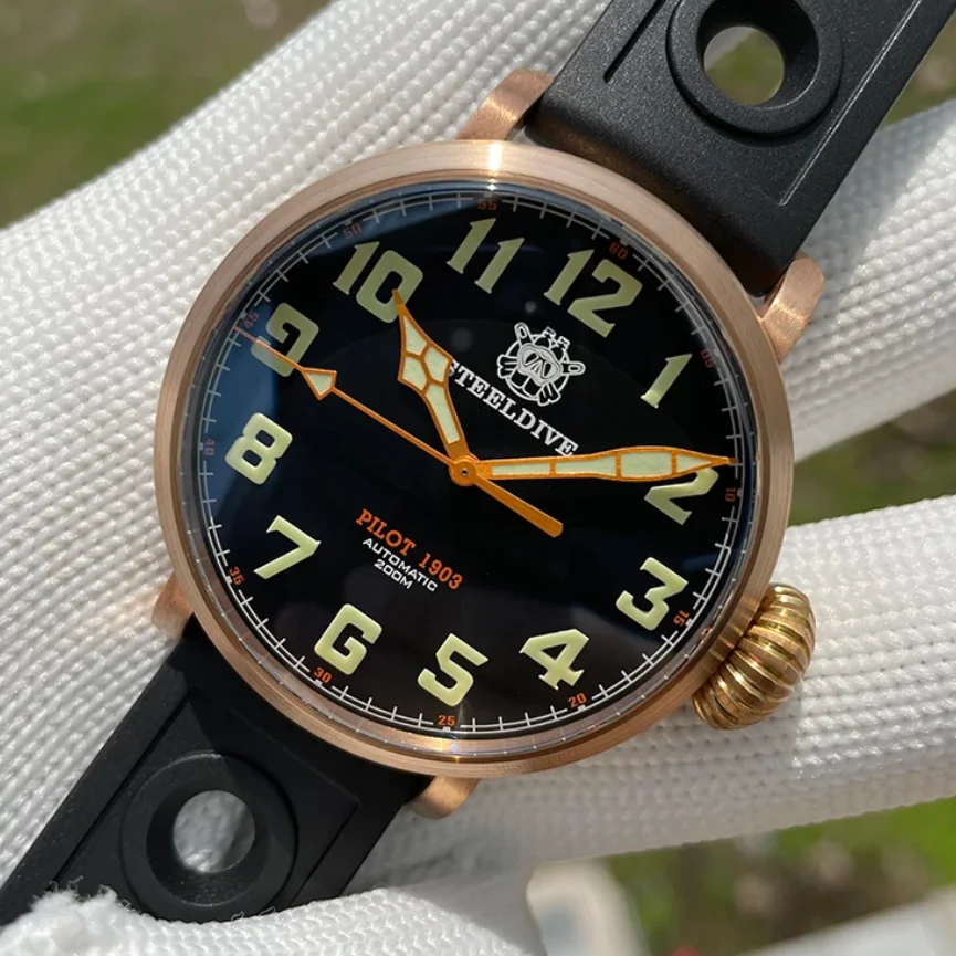 

Мужские часы STEELDIVE для дайвинга, бронзовые, 46,5 мм, автоматические механические наручные часы-пилот, 200 м, водонепроницаемые, C3, светящийся сапфир, NH35