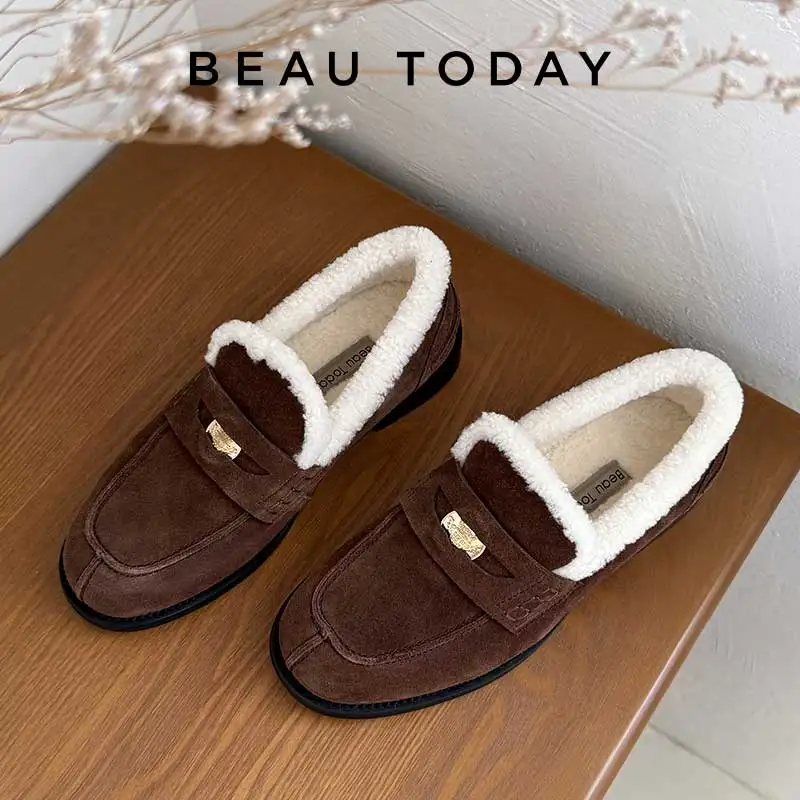 BEAUTODAY Furry Flats Women Cow Suede Lamb Wool Warm Penny Loafers Female Winter Shoes Handmade 27855
