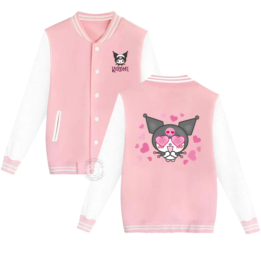 산리오 두꺼운 야구 유니폼, 소년 소녀, 쿠로미 러브 패턴 프린트, 청소년 따뜻한 컬러 코트, 가을 및 겨울