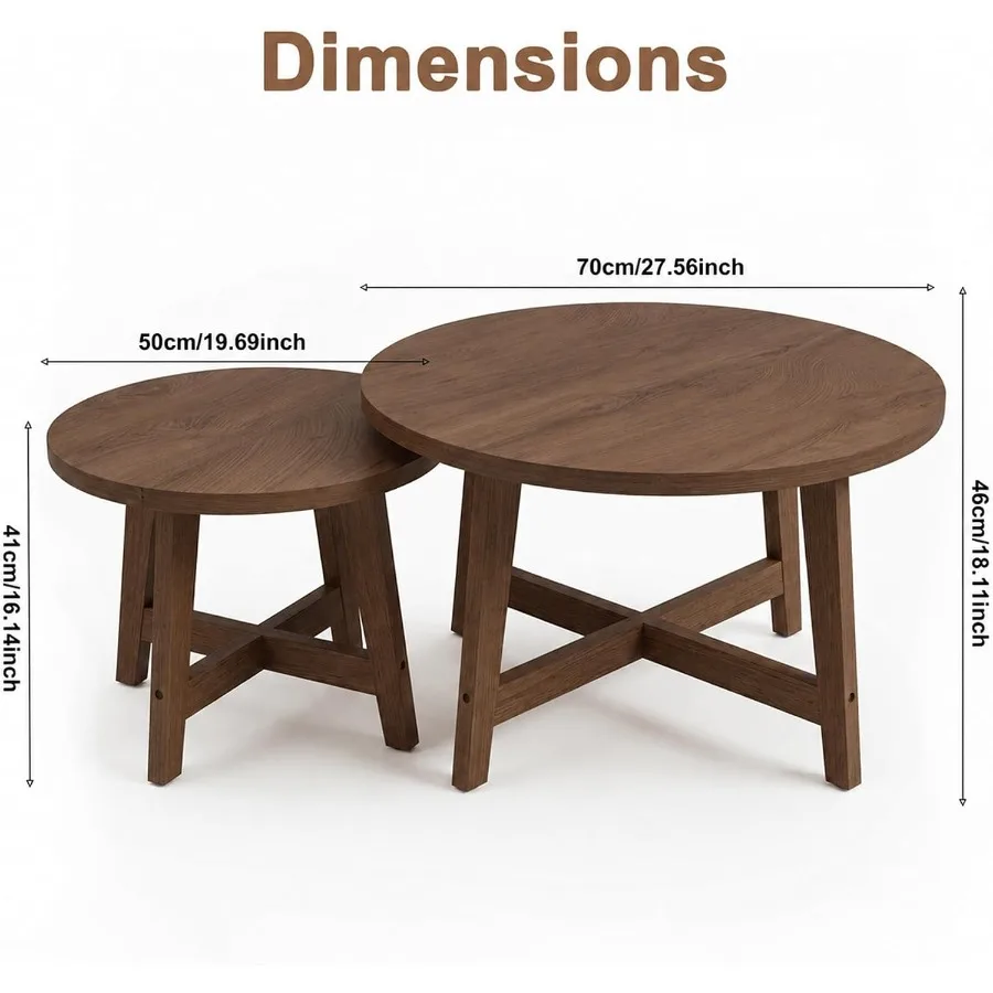 Round Wooden Nesting Coffee Table Set of 2 for Living Room