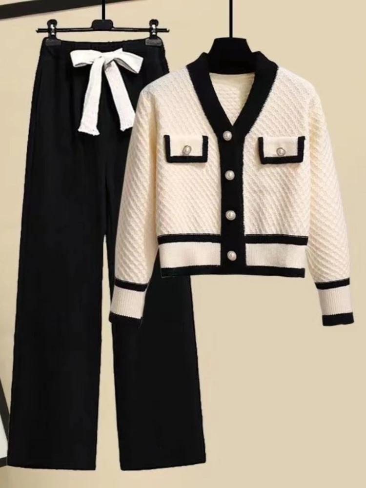 France Elegant Women's Color Block Collar Sweater Cardigan High Waist Wide Leg Pants Two Piece Set Fashionable Commute Style