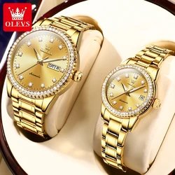 OLEVS reloj de pareja de diamantes reloj de pulsera mecánico automático de lujo regalos para mujeres fecha resistente al agua correa de acero inoxidable 7003