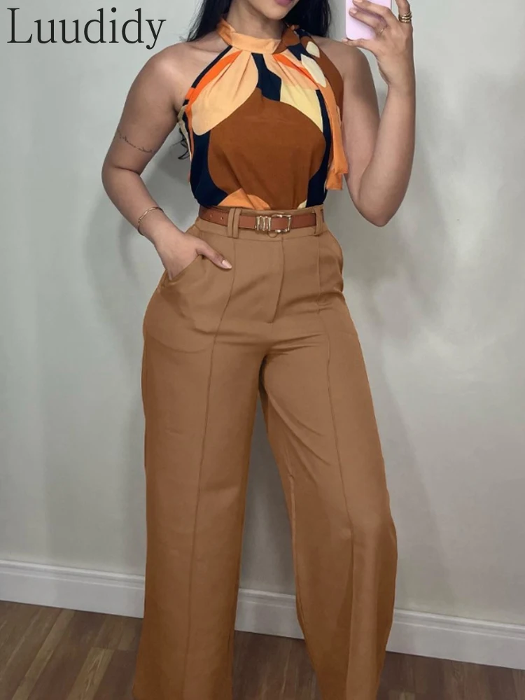 

2 Pieces Outfits Colorblock Halter Sleeveless Top and Casual Wide Leg Pants Set