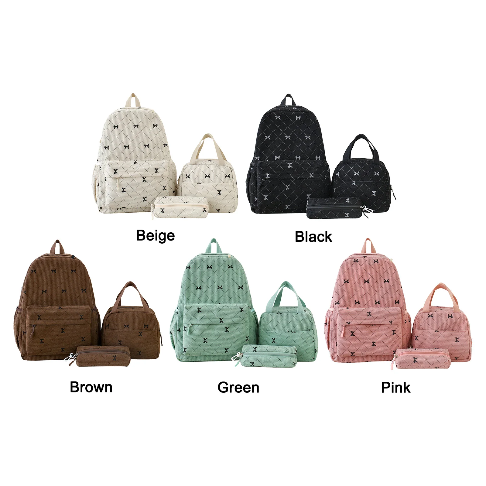 Corduroy Cute Bow Travel Daypack with Lunch Bag & Aesthetic Backpack for Women Women Casual High- College