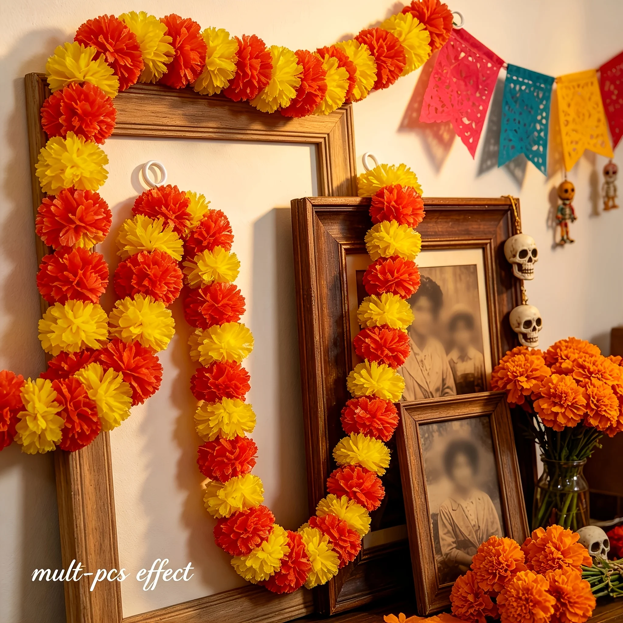2 Stück 3M Künstliche Sonnenblumen-Ringelblumen-Girlande für den Tag der Toten und Diwali-Dekoration – Detail 3