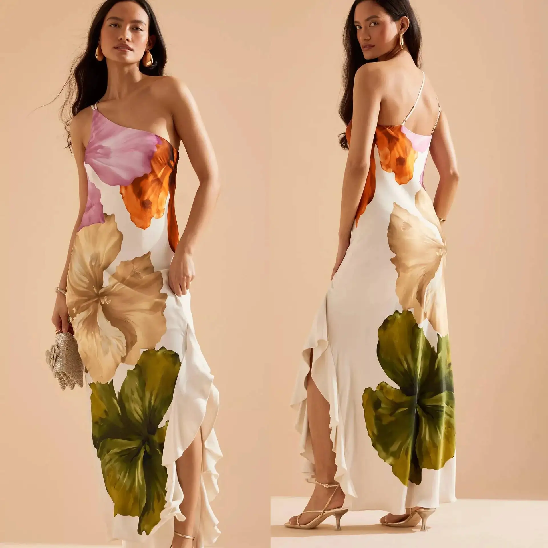 

Fashion Printed Curling Edge Long Dresses Irregular One Shoulder Open Fork Gown Women Summer 2026 Party Vestidos