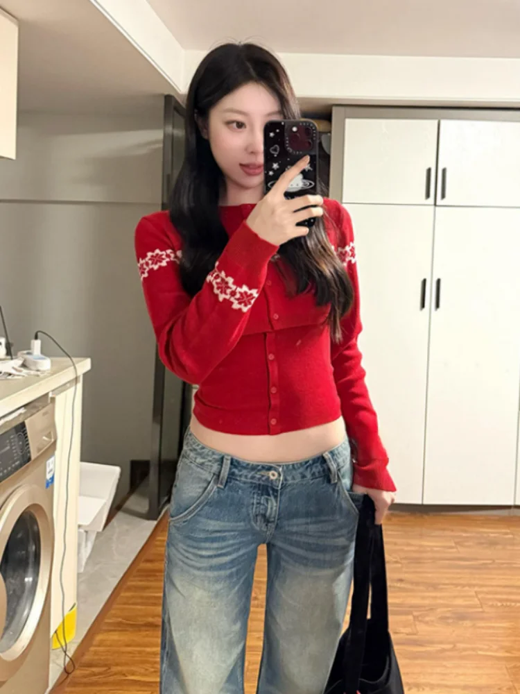 

Весенний комплект 2026: Женский вязаный кардиган и топ с эффектом похудения, модный дизайн «Островной снежинка», повседневный стиль для города