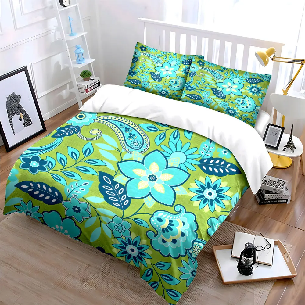 3Pcs Lime Green Paisley Floral Bedding Set, Retro Teal Flower Leaf Print Duvet Cover 2 Pillowcases Single Double King Queen