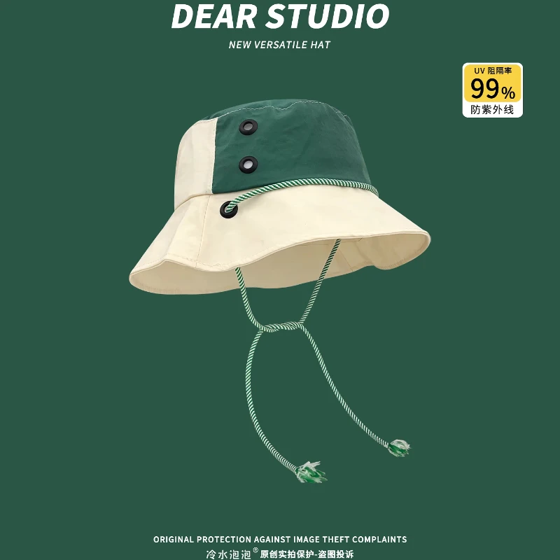 New Ins Fresh Contrast Drawstring Bucket Hats for Women Summer Travel Sun Protection Thin Quick-drying Casual Men's Caps