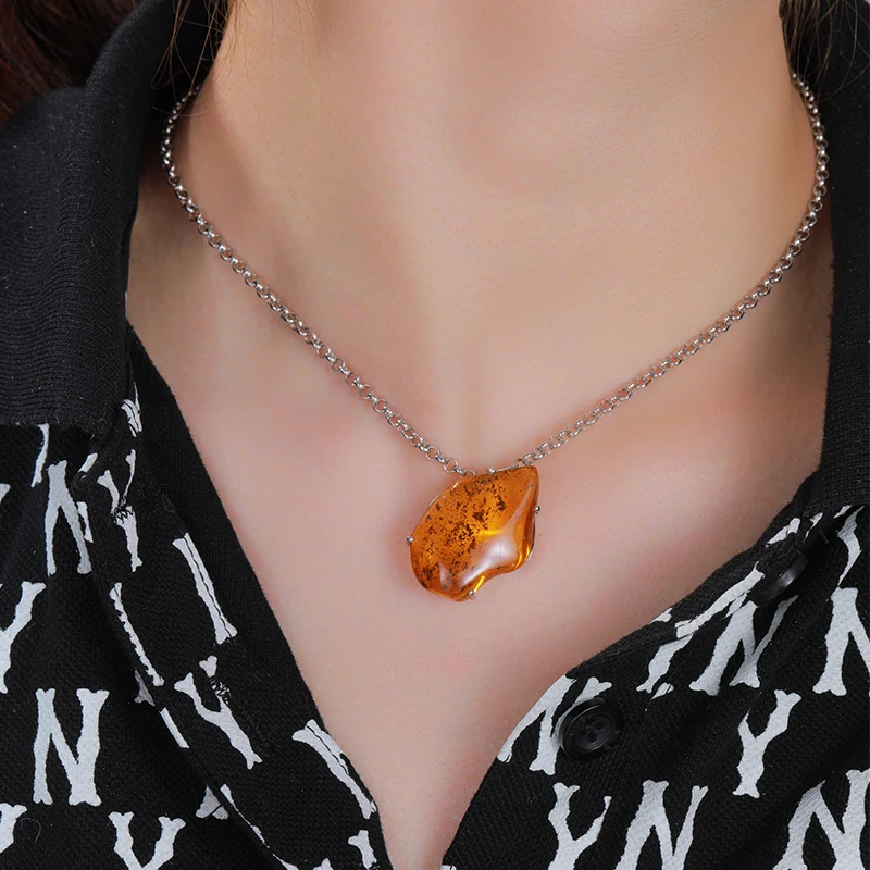 XYOP Natural Red Yellow Resin Amber 925 Sterling Silver Pendant Necklace One of a Kind, Just One！