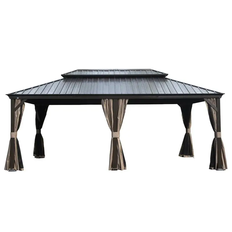 

12' x 18' Hardtop Gazebo, Upgraded Metal Structure with Drainage System, Dual-Layer Galv Steel Roof, Includes Curtain &