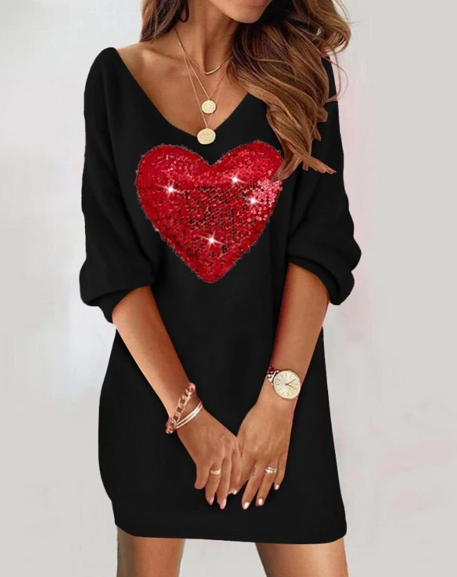 

Sexy Dresses for Women Colorblock Heart Pattern Contrast Sequin Casual Dress 2023 Autumn Winter Loose Womens Dress