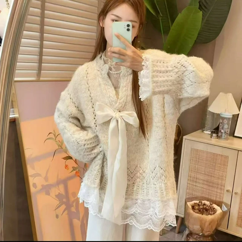 

New Large Loose Slim Knit Sweater Korean Version Gentle Style Solid Color V-neck Bow Lace Sweater 2026 Autumn Winter
