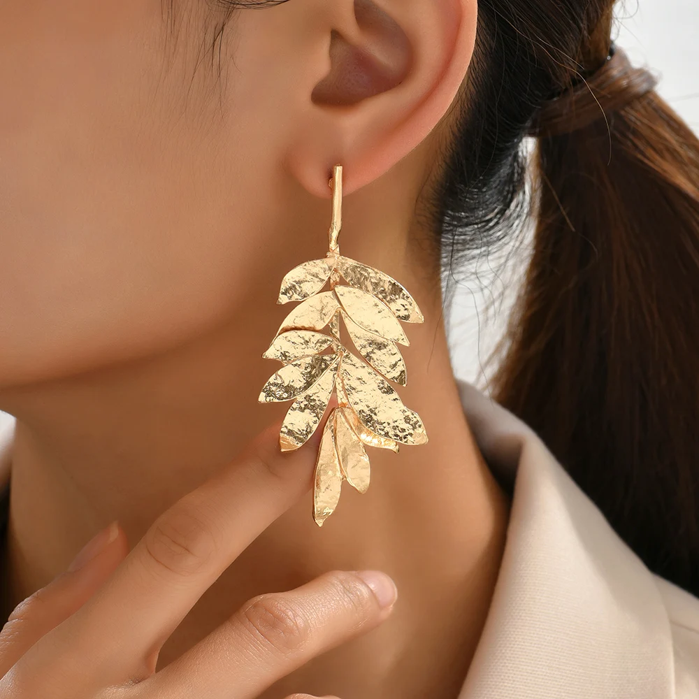 Fashion Glossy Double Layer Leaves Dangle Earrings Trend Ear Accessories Luxury Quality Metal Brincos Festival Jewelry For Women