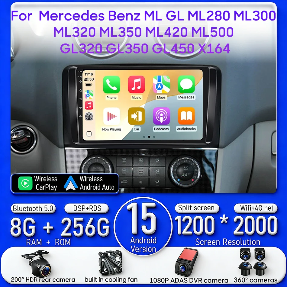 Android 15 Carplay 2 Din Stereo Car Radio for Mercedes-Benz M-Class W164 GL-Class X164 ML350 ML500 GL320 ML280 GL350 GL450 GPS